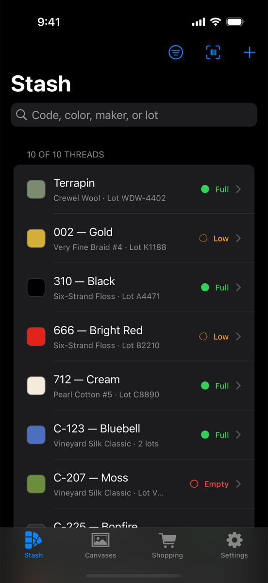 Threaddit's Stash screen listing threads with color swatches, dye lots, and Full, Low, or Empty status